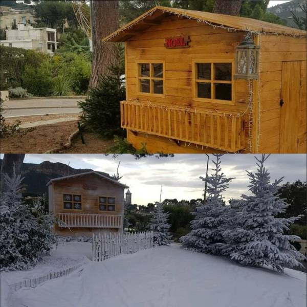 Mise en place d'un chalet avec un flocage de neige artificielle à Cass