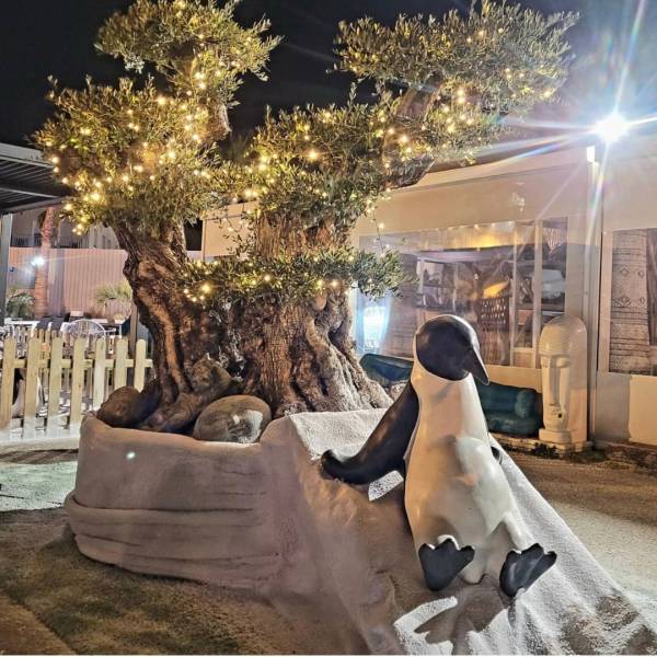 Mise en place de décoration de Noël pingouin et flocage neige artificielle à BIOT